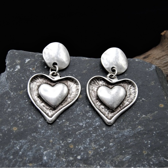 Silver Heart Statement Earrings - Picture 3 of 3